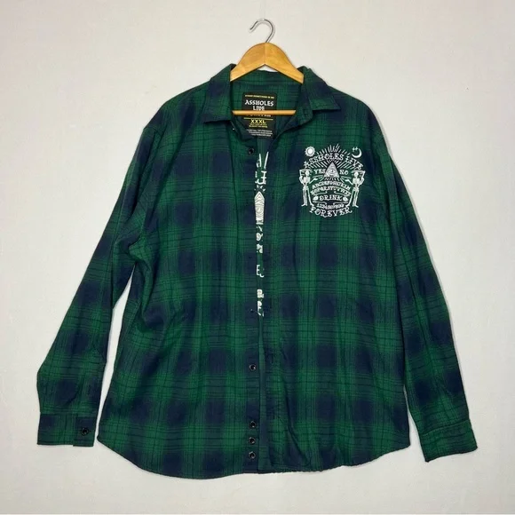 A**Holes Live Forever Green Blue Plaid Long Sleeve Mens Embroidered Shirt XXXL - Picture 2 of 10